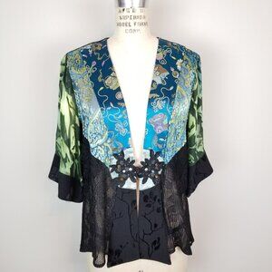 Gorgeous Blue Green Silk Cropped Kimono Style Top by Spencer Alexis * Size Small